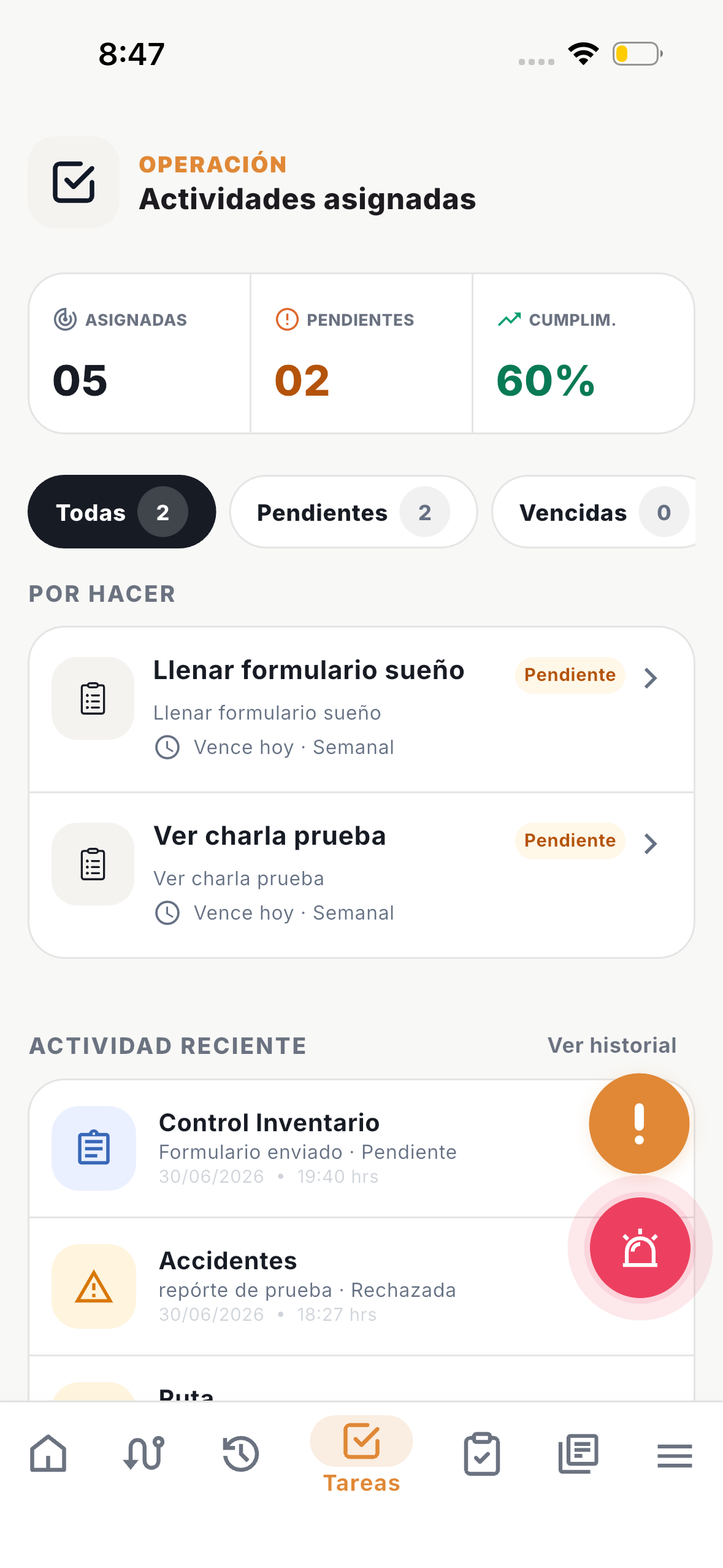 Actividades asignadas en la aplicación móvil Kaumon OPS